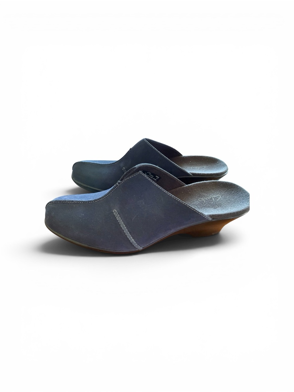 Clarks Navy Blue Slip-On Mules with Low Wedge